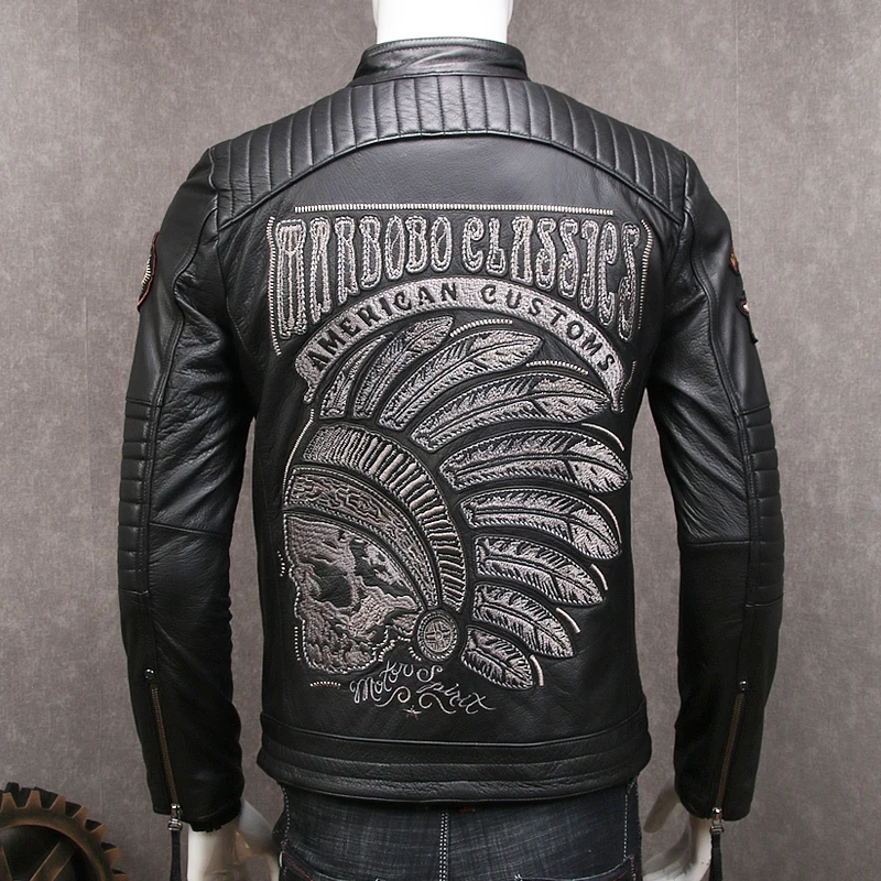 

HARLEY DAMSON Black Men Skulls Embroidery Genuine Biker's Leather Jacket Plus Size XXXL Cowhide Slim Fit Riding Leather Coat