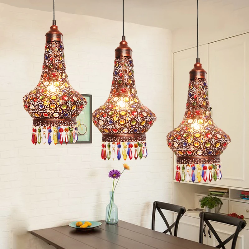 Classic Bohemia Style Restro Pendant Light Iron Carving Lampshade K9 Colors Crystal Decoration 3*E27 LED Bulbs Round Lampbase | Лампы и