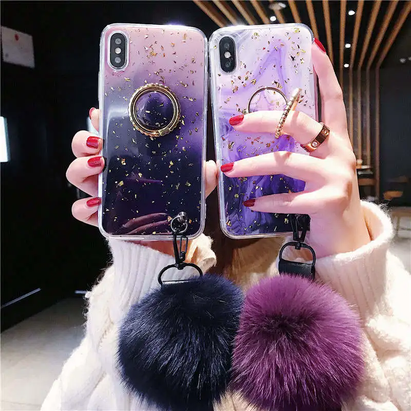 

Fashion Gradient Marble Phone Case for iPhone 6/6s/7/8plus Luxury Ring Holder Case For iPhone XS max XR X Fluffy Ball Soft Case