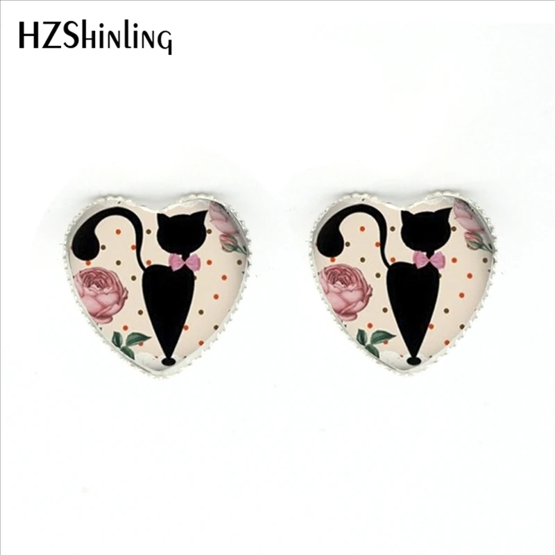 

2017 New Arrival Siamese Cat Stud Earrings Handmade Art Photo Glass Dome Black Cat Heart Earring for Animal Lover