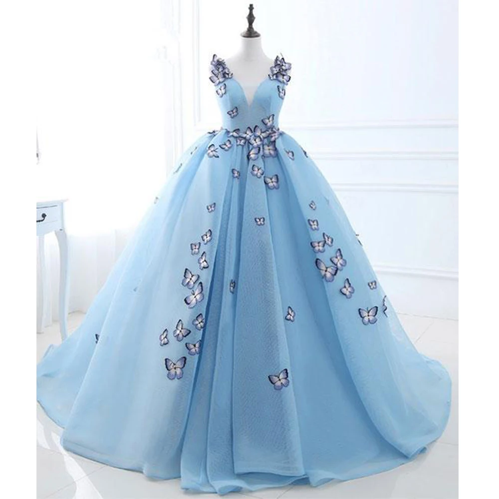 Садовый лед синий пышные Quinceanera платье 2019 de gala простые бабочки плиссированные торжественное 2019