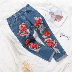 Для женщин; большие размеры 5XL Роза 3D Цветочный Вышивка джинсы для женщин Женский 2018 цветок вышитые Карандаш Джинсовые штаны повседн