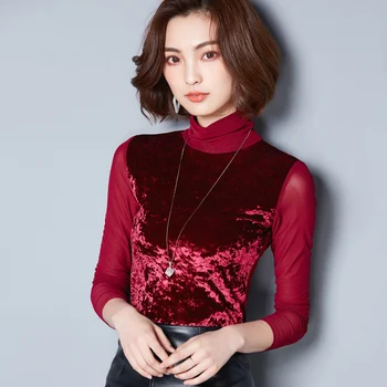 

new winter joker diamond velvet splicing velvet coat of gauze garment women blouse top long sleeve pullover clothes basic