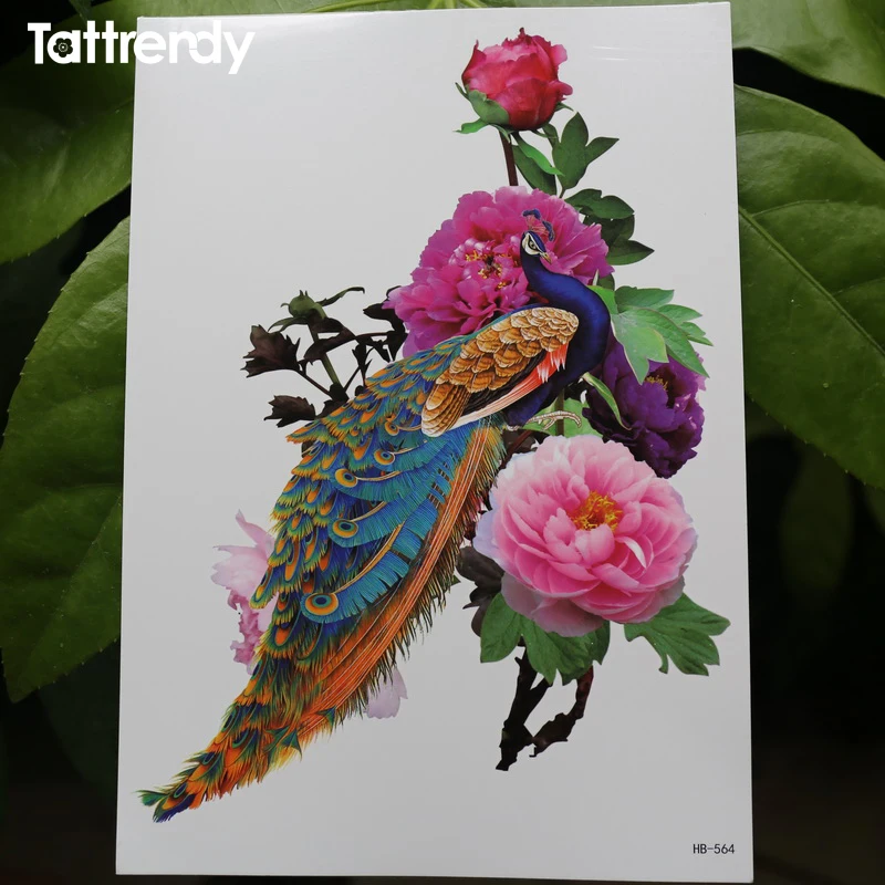 21x15 Cm Paon Et Pivoine Fleur Sexy Tatouages Flash Coloré