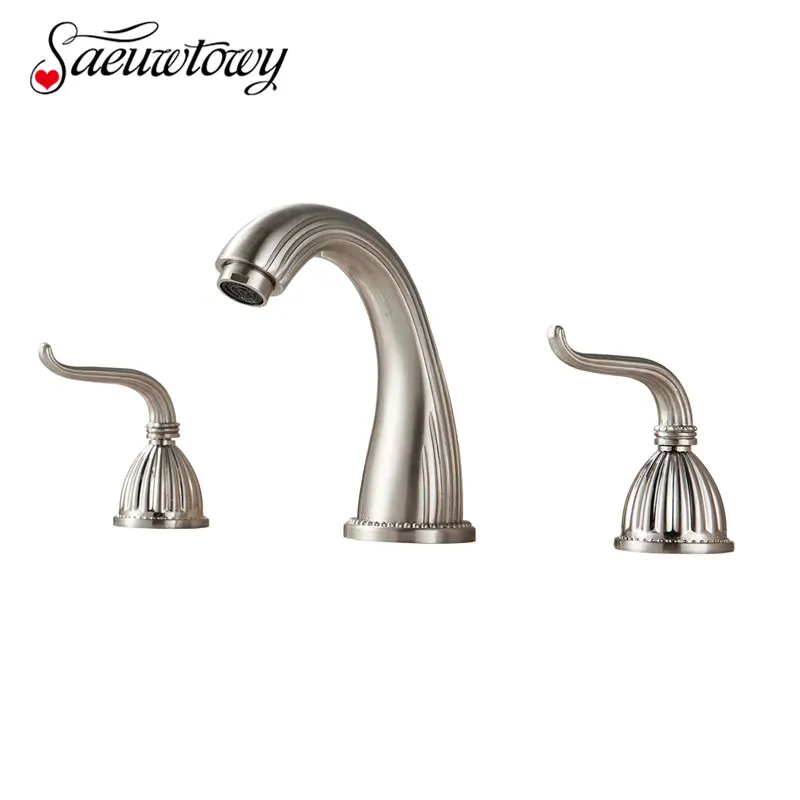 

Saeuwtowy Brushed Nickel Bathtub Sink Faucet Hot and Cold Basin Mixer Tap Deck Mounted Dual Handle Three Hole