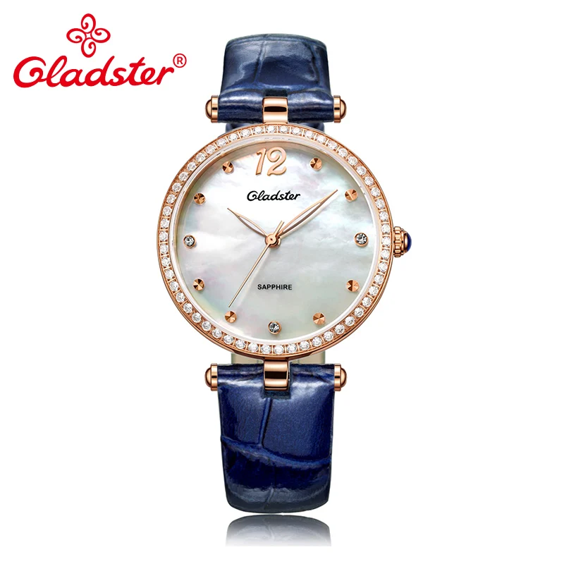 Gladster Luxury Japanese MIYOTA 2035 Lady Analog Watch Pearl Dial Leather Female Wrist Watch Fashion Diamond Women Quartz Clock