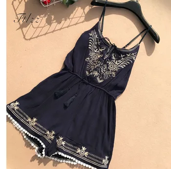 

New Women Playsuits 2018 Summer Vintage Embroidery O-neck Spaghetti Shorts Jumpsuit Ladies Sexy Romper Casual Jumpsuit