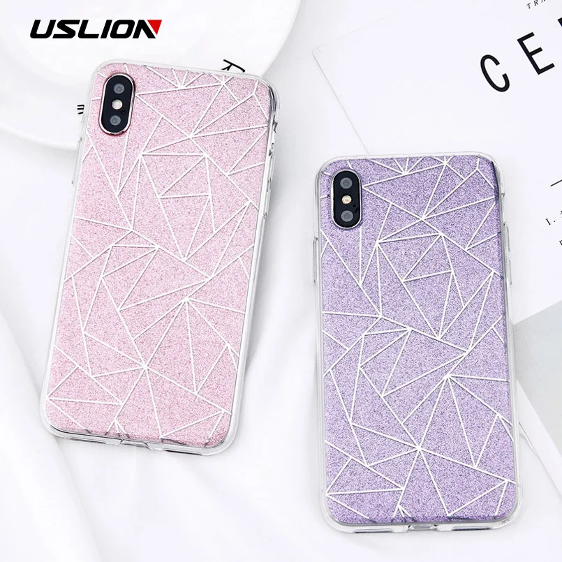 USLION Glitter Bling Powder Phone Case For iPhone X Geometric Lines Hard PC Back Cover Cases For iPhone 8 7 6 6s Plus 5 5s SE
