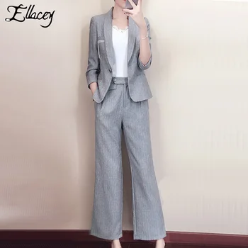

Ellacey Wide Leg Pants Suits Gray Pink Blazer Suits Female Women's Business Workwear Blazer Trousers Office Lady 2 Pieces Set