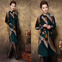 Женское шерстяное пальто, осень, китайский стиль, Геометрический Длинный Тренч, пальто для мамы, ветровка, элегантное, Casaco Feminino размера плюс XXXXL