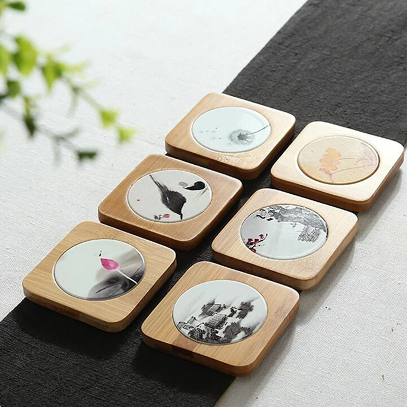 Tea sets Accessories Square Coaster Made of bamboo and ceramics Chinese