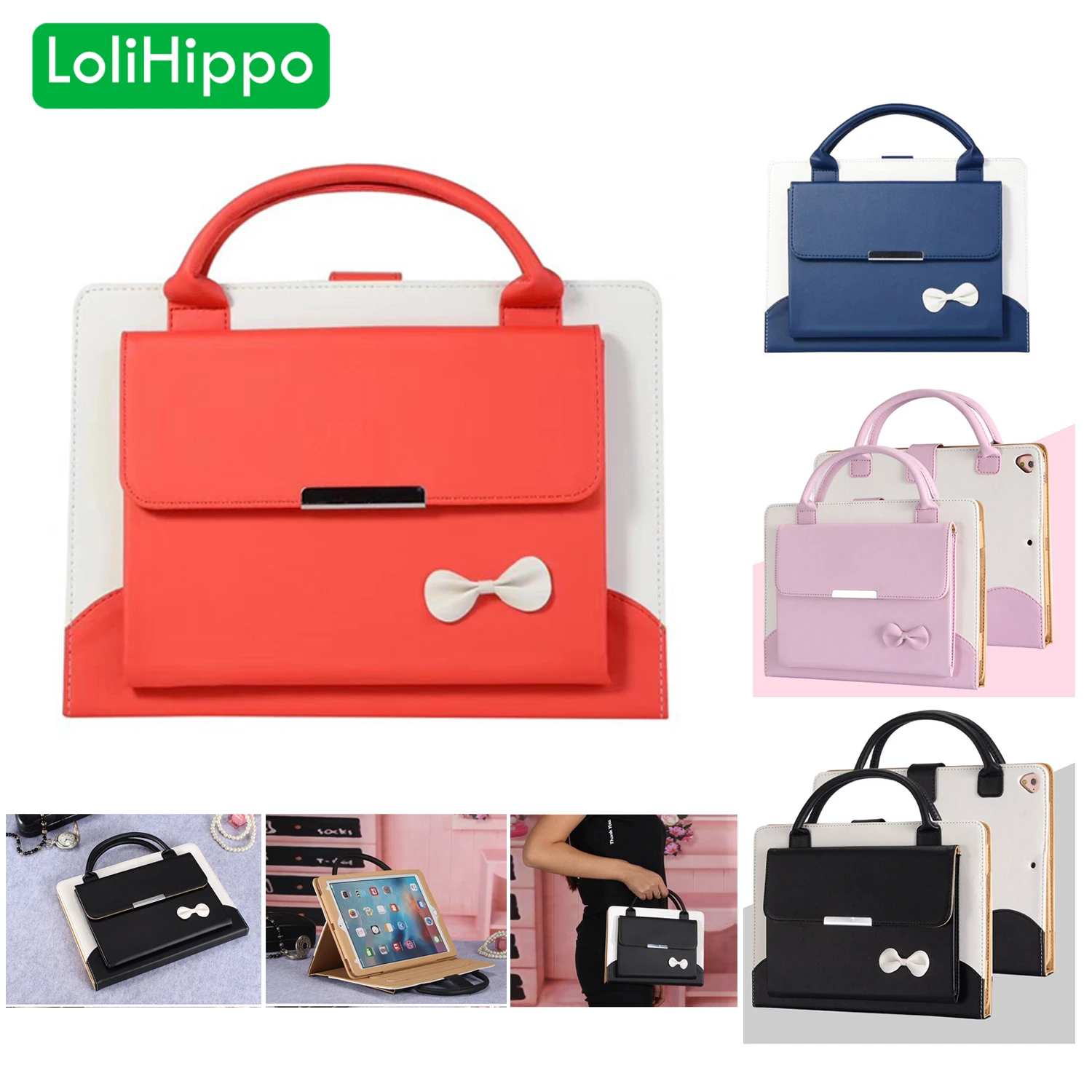 

LoliHippo Bowknot Folding Folio Case with Handle for Apple iPad 9.7 2017 2018 A1822 A1823 A1893 A1954 Tablet Cover Bag