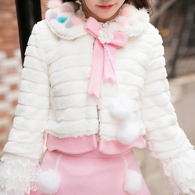 Милое пальто с мехом в стиле Лолиты для принцесс милое осенне-зимнее меховое пальто с короткими рукавами для девочек C22CD7268