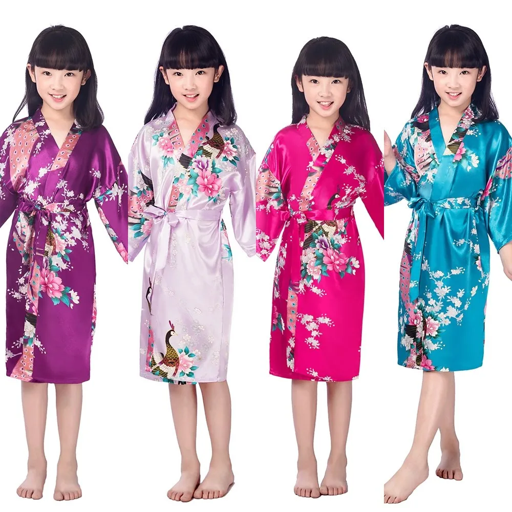 Kids Flower Wedding Stain Robes For Girls Floral Silk NightGown