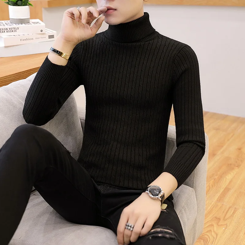 Winter Cashmere Thick Warm Sweater Men Turtleneck Brand Men's Sweater Slim Fit Pullover Men Knitwear Male Double Collar Sweaters - Цвет: 102 black