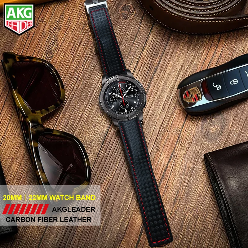 AKGLEADER 20-22mm Watch Band For Samsung Gear S3 Carbon Fiber Genuine Leather Band For Huami Amazfit 2 Best Quality For Huawei AKGLEADER 20-22mm Watch Band For Samsung Gear S3 Carbon Fiber Genuine Leather Band For Huami Amazfit 2 Best Quality For Huawei