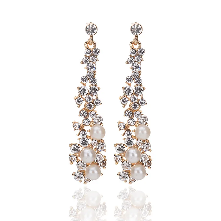 

Elegant Chic Women Lady's Pearl Rhinestone Crystal Earring Long Gold Plated Chandelier Stud Earrings Bride Wedding Jewelry Gifts