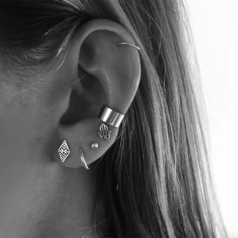

6 Pcs/ Set Punk Hollow Palm Bead Round Geometry Silver Stud Earrings Set Retro Fashion Jewelry Gift