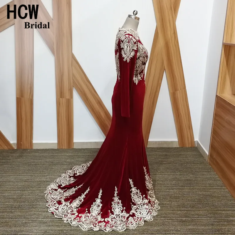 Вечернее платье с длинными рукавами бордового цвета «Русалочка» г. высококачественное бархатное длинное платье с кружевной аппликацией вечерние платья в арабском стиле