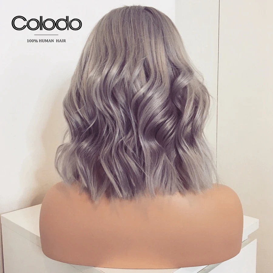 COLODO Preplucked 13X4 Remy Brazilian 613 Lace Front Wig With Baby Hair Grey Short Wavy Bob Lace Fr