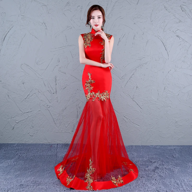 Традиционное китайское платье qipao без рукавов женское длинное зеленое русалки с