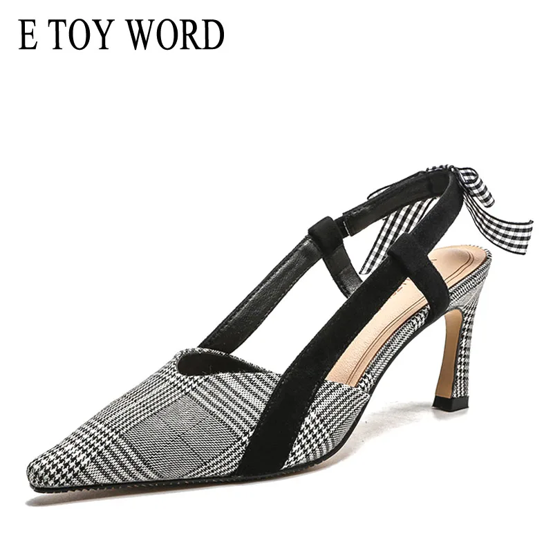 

E TOY WORD 2019 summer new women shoes pointed houndstooth fashion high heel sandals bow thin women's pump wild