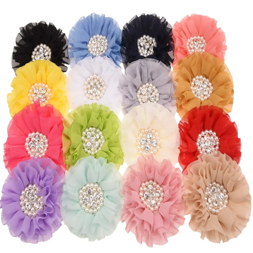 

5pcs Chiffon Hair Flower Hair Accessories Chic Headwear Rhinestone Pearl Cluster Flowers No Hairclip for Hairband Headband