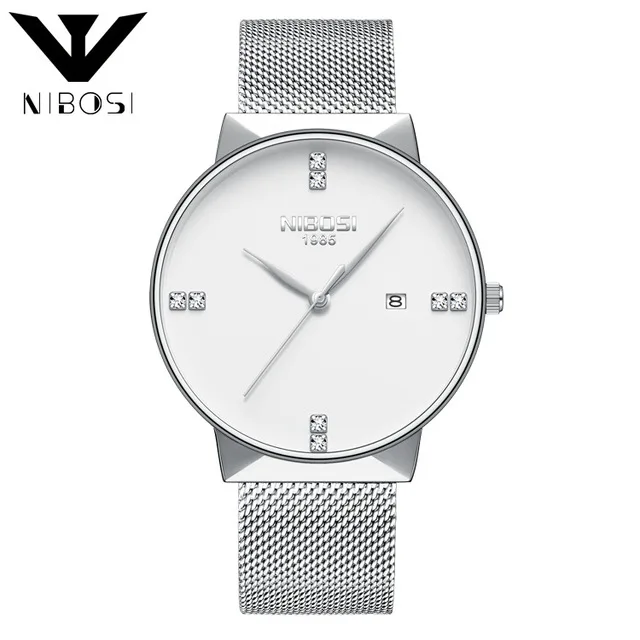 

NIBOSI Men Simple Fashion Calendar Watches Crystal Analog Watch Mesh Steel Belt Dress Quartz Wrist Watch Men Gifts