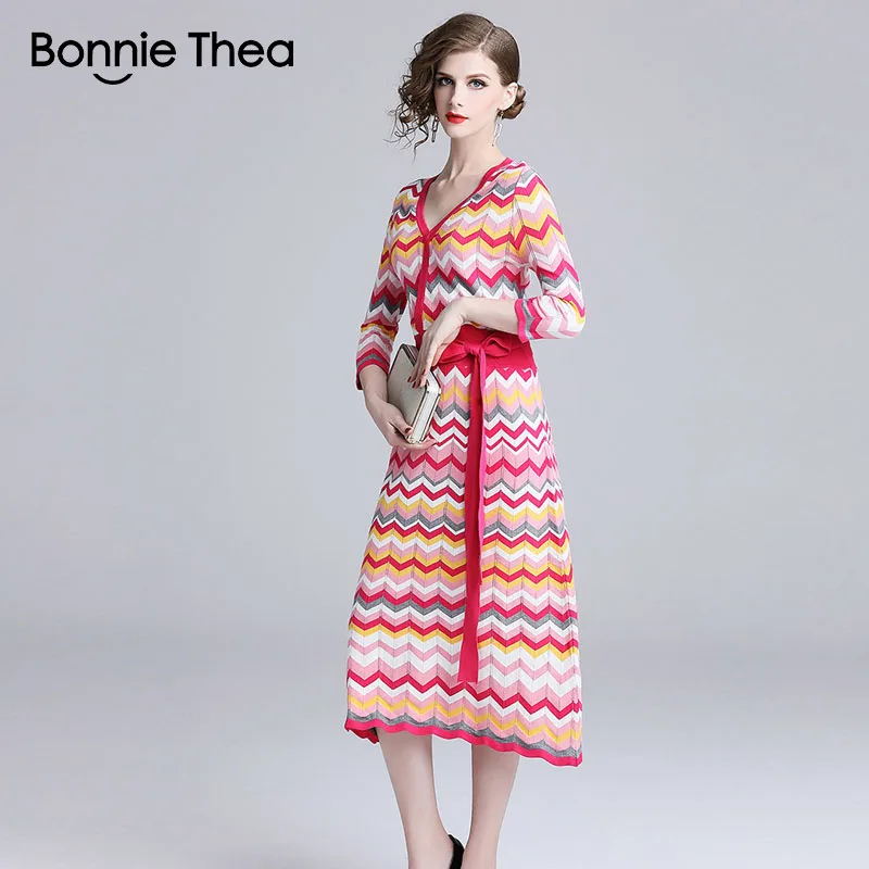 Женское вязаное платье в радужную полоску Bonnie Thea элегантное осеннее свитер