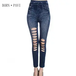 BORNPAVI Новые Леггинсы эластичные Для женщин леггинсы Синий Флора имитация джинсы модные леггинсы облегающие брюки джинсовые легинсы для