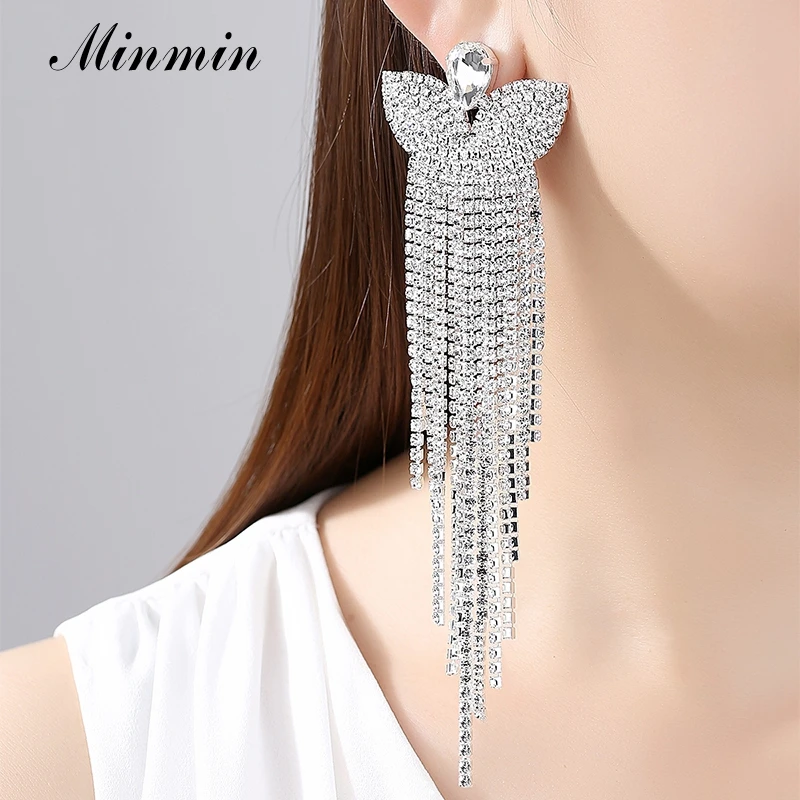 Minmin серебряный цвет кристалл свадебные Большие длинные серьги бабочка кулон Висячие кисточкой серьги Свадебные ювелирные изделия для женщин EH221