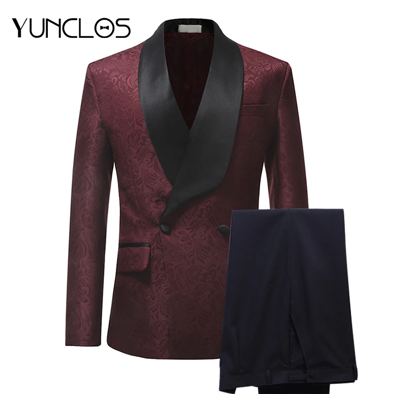 

YUNCLOS New Arrival Men Suits Burgundy Red Jacquard 2 Pieces Set Tuxedo Groomsman Wedding Suits Terno Masculino
