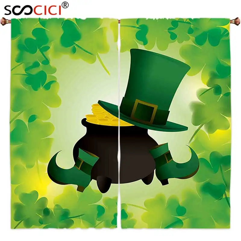 

Window Curtains Treatments 2 Panels,St. Patricks Day Decor Leprechaun Hat and Shoes Costume with Pot of Gold with Shamrock