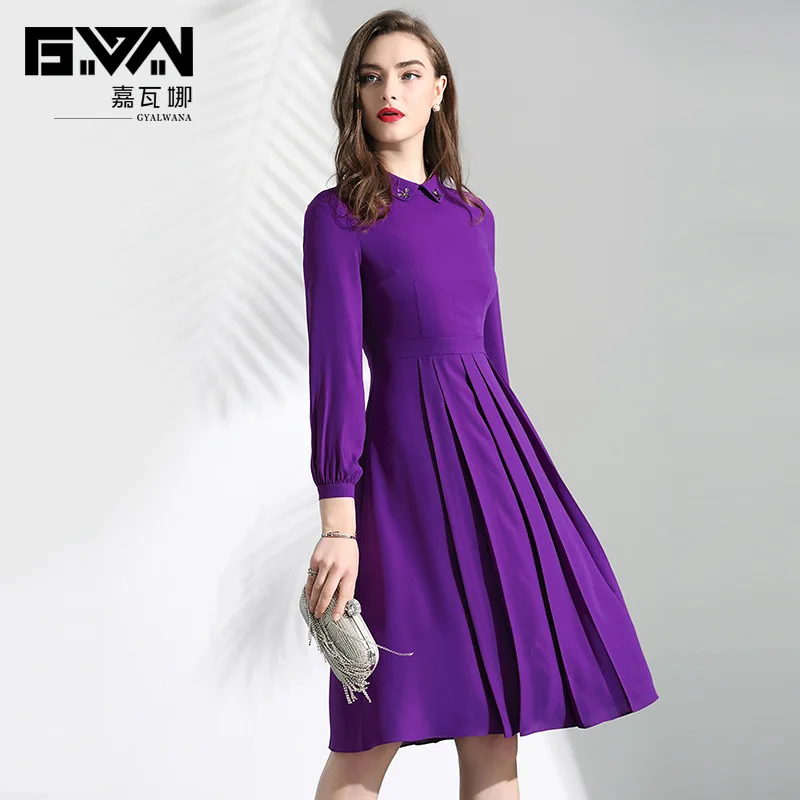 

GYALWANA Spring 2019 Women's New High Quality Peter Pan Beading Collar Long-sleeved Dress Purple Pleated Chiffon Elegant Dress