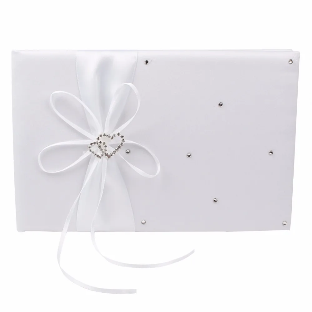 

OurWarm 72 pages Satin Wedding Guest Book Bridal Ribbon Rhinestone Double Heart Diamond Guest Books Reception Wedding Home Decor