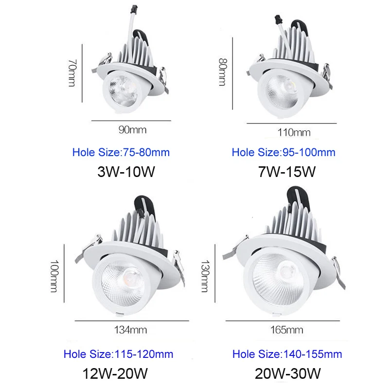 360 градусов Регулируемый Встраиваемый светодиодный точечный светильник, потолочный светильник, 3 Вт-30 Вт карданный встраиваемый светильник s светильник для домашнего магазина
