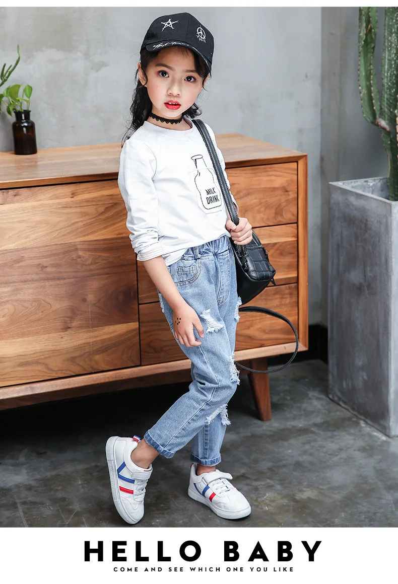 Calças de Brim Menina Meninos Rasgado Calça Jeans Outono Crianças Buracos Crianças Grandes Calças Jeans da Moda Meninos Roupas 4 13 Anos 9 buracos jeans grandes crianças moda denim calças meninos roupas 4-13 anos