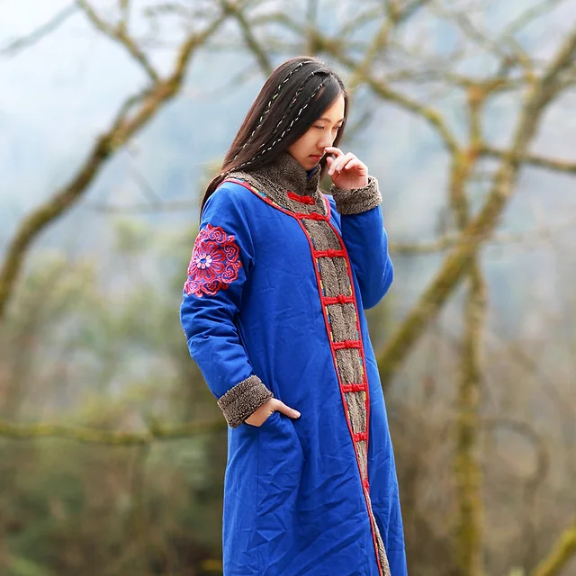 Cheap BOHOCHIC Original Vintage Ethnic Embroidery Siberia Mongolia Women Long Warm Parka Chinese New Year Red Coat AZ0419D Boho Chic