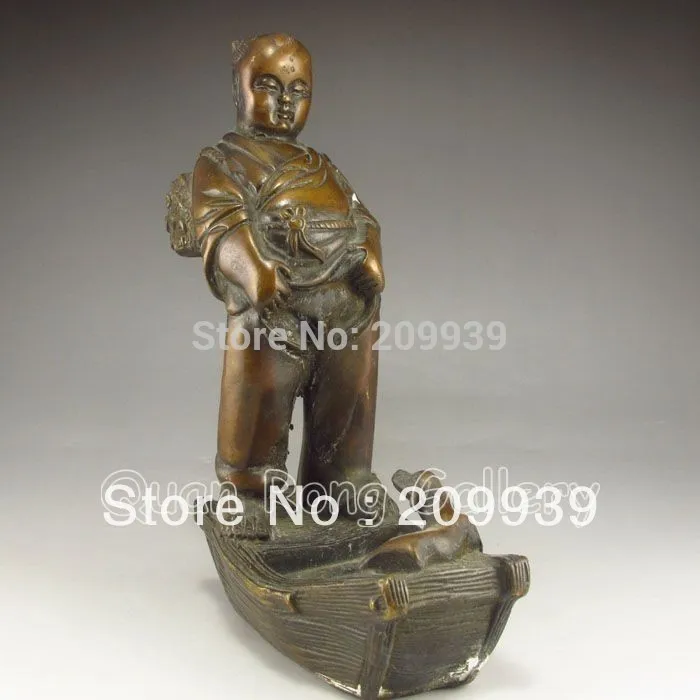 

huij 0097 Chinese Bronze Statue - Fortune Kid & Dog NR