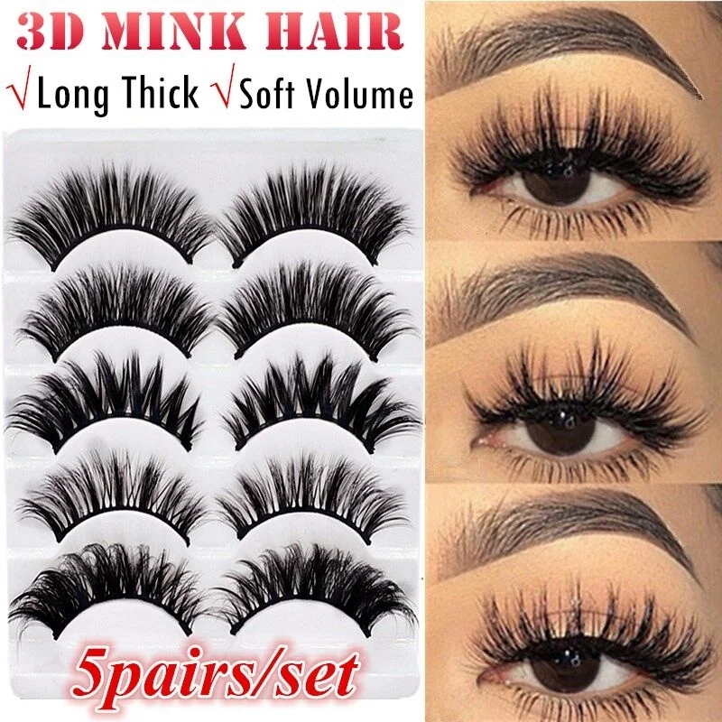 

5 Pairs Eyelashes 3D Mink Lashes Natural Long 1 Box Mink Eyelashes 1cm-1.5cm 3D False Eyelashes Full Strip Lashes Beauty Tool
