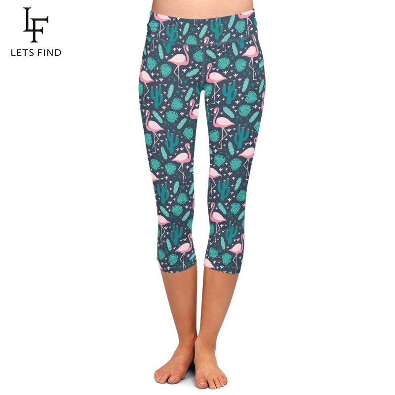 LETSFIND Summer Fashion Women Capri Leggings Flamingos and Plant Printing Mid-Calf 3/4 High Waist Plus Size Casual Leggings LETSFIND Summer Fashion Women Capri Leggings Flamingos and Plant Printing Mid-Calf 3/4 High Waist Plus Size Casual Leggings