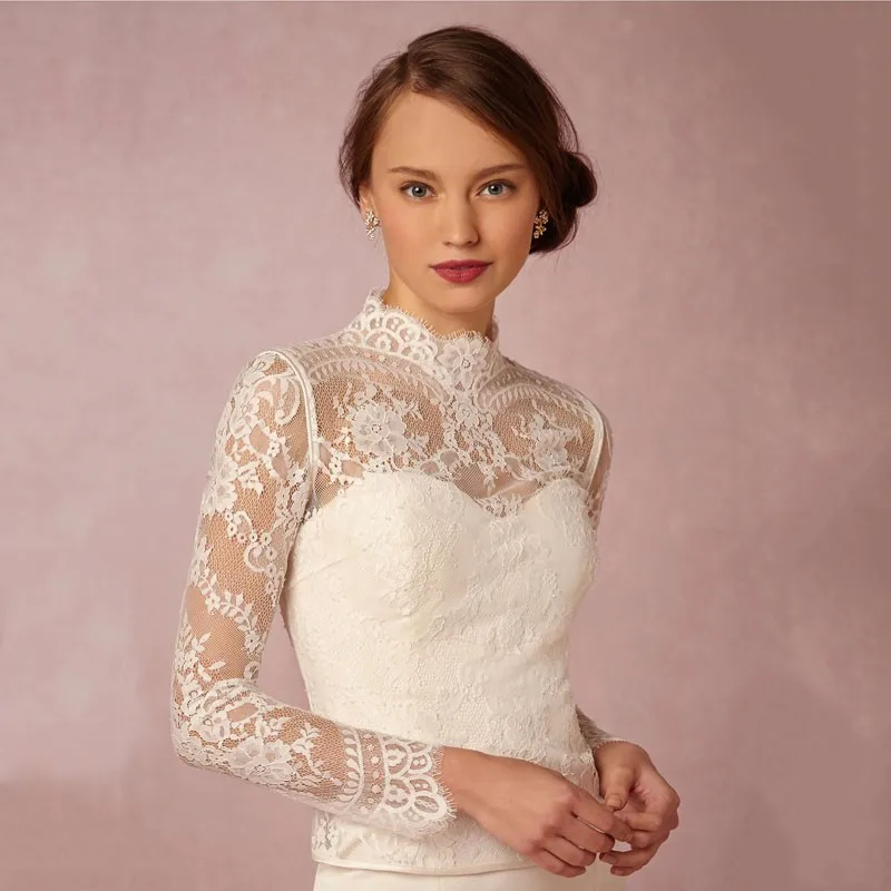 2018 High Neck Lace Long Sleeve Wedding Bridal Jackets Bolero Wedding