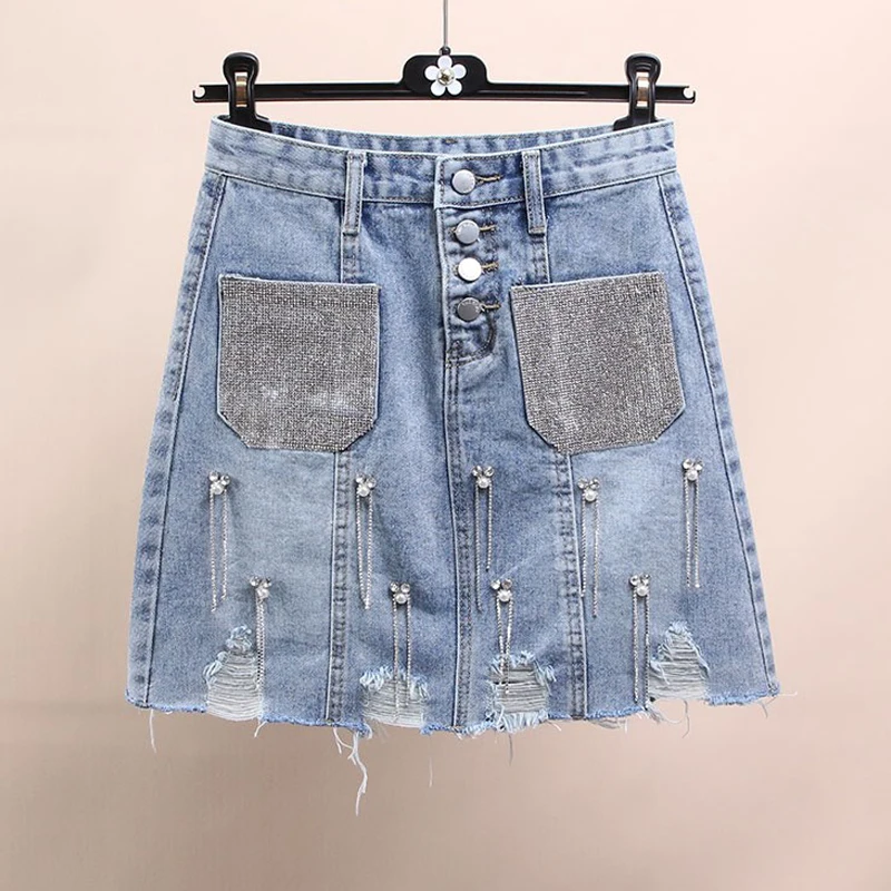 

2019 Summer New Arrival Women High Waist Tassel Ripped Hole Rhinestone Denim Skirt , Pearls A Line Blue Jeans Skirts For Woman