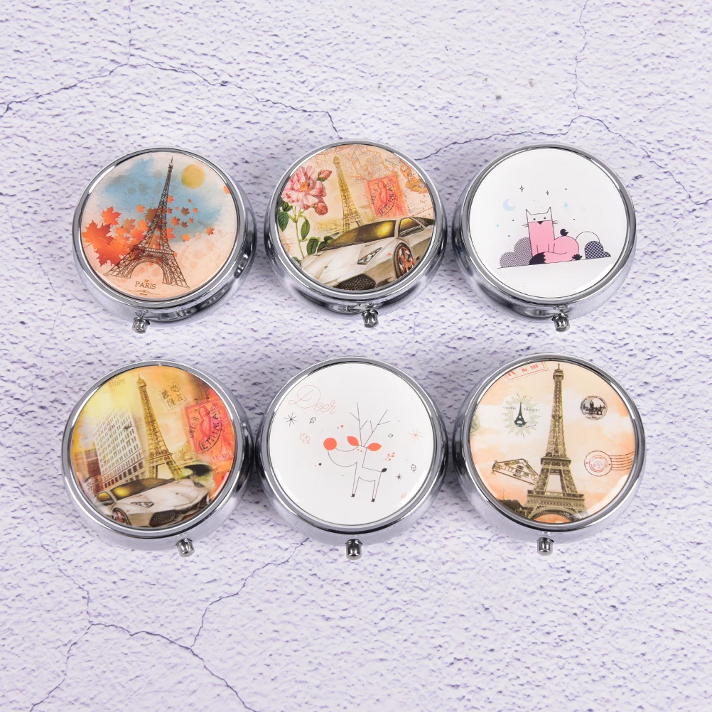 Metal Round Flower Print Organizer Compartment Pill Case Divid Storage Tablet Container Medicine Box Portable