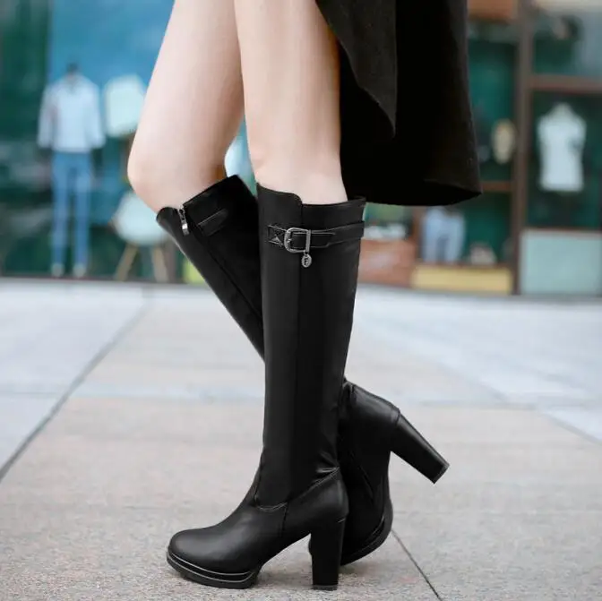 

ENMAYER size 34-39 fashion women boots high heels knee boots women shoes PU leather designer sexy boots zipper knee high boots