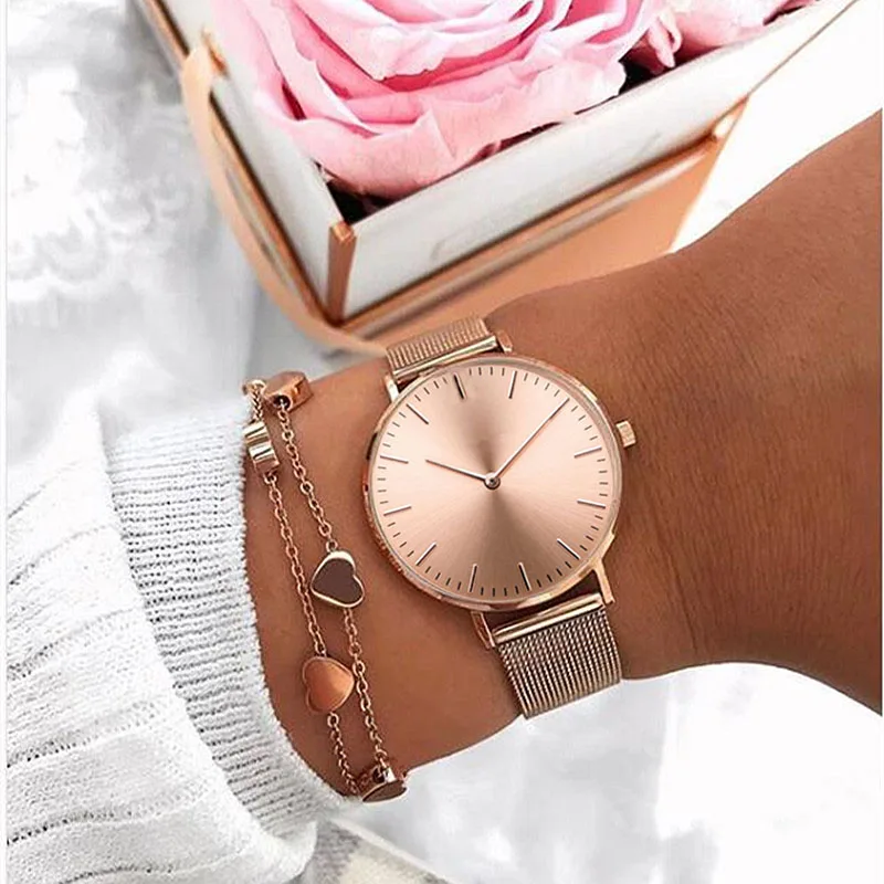 Mavis Hare, розовое золото, красивые розовые сетчатые женские часы с браслетом в виде сердца, сетчатый Браслет и Хрустальная шаровая манжета, браслеты в подарок - Окраска металла: SET 5