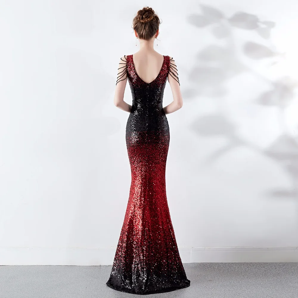 Черное и красное Sequind& Beads, v-образный вырез, без рукавов, Русалка, сексуальное, официальное платье, женское, элегантное, длинное, для вечеринок, летнее,, клубная одежда