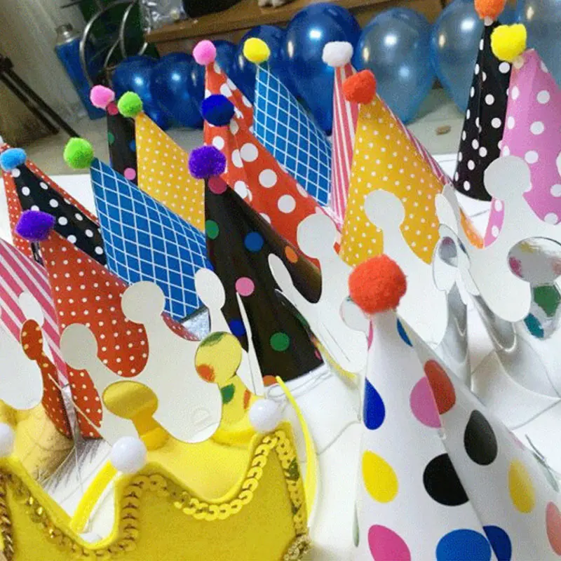 

9pcs Cartoon Dots Pompom Hats 2pcs Crown Party Celebration Hat Set Birthday Festive Party Hats @LS JY19