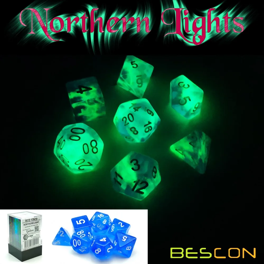Bescon супер светится в темноте Туманность блеск многогранные кости набор Северный светильник, светящийся набор костей для ролевых игр, светящиеся новизны игральные кости dnd