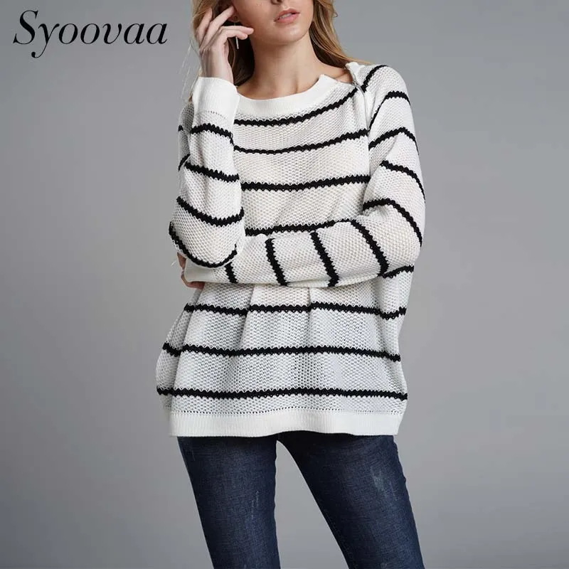 Syoovaa 2018 осень зима белый черный полосатый свитер с длинным рукавом свободный свитер женский с круглым вырезом Большие размеры свитера для
